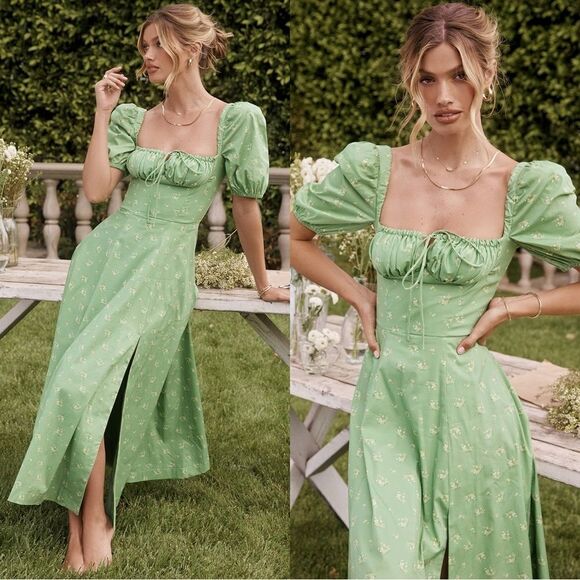 House of Cb Tallulah Olive Midi Green Dress Floral Puff Sleeve Size XS - Picture 1 of 14